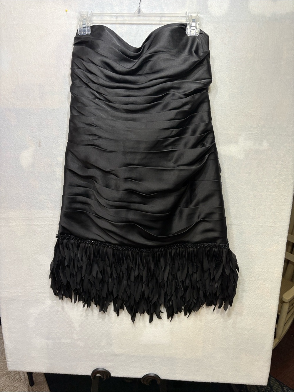 JS Collections Black Strapless Ruched Feather-Hem Cocktail Dress SIZE 12